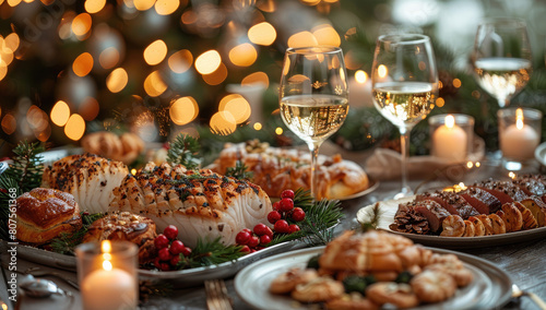 A festive Christmas dinner with sparkling wine, pastries and platter of food on the table. Created with Ai