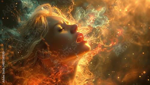 A beautiful blonde woman made of fire with long hair is floating in space. Created with AI