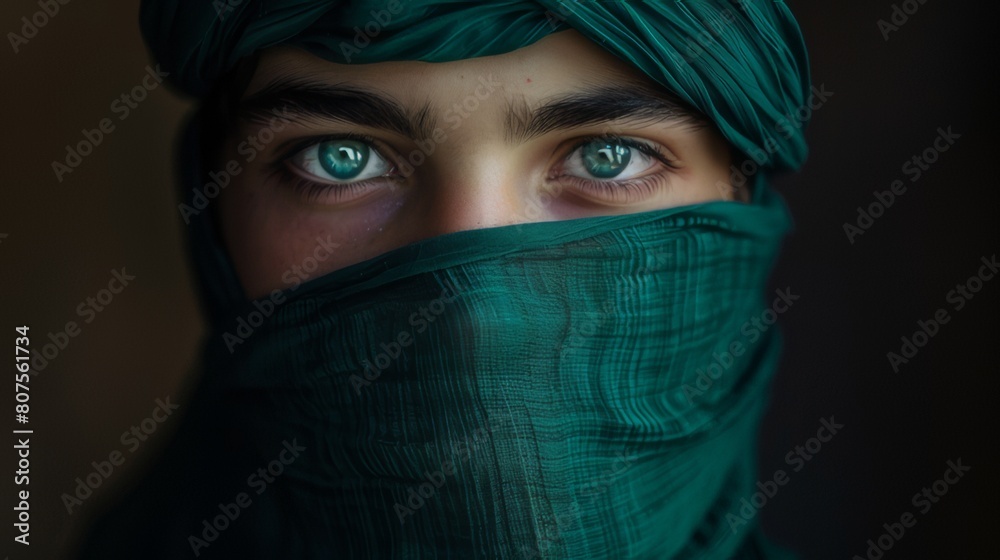 A beautiful young man wearing an emerald green hijab covering his face, his eyes shining blue and turquoise with long eyelashes.