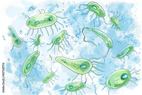 Cartoon cute doodles of microscopic protozoa hunting for prey in a drop of water, their tiny flagella propelling them through the, Generative AI