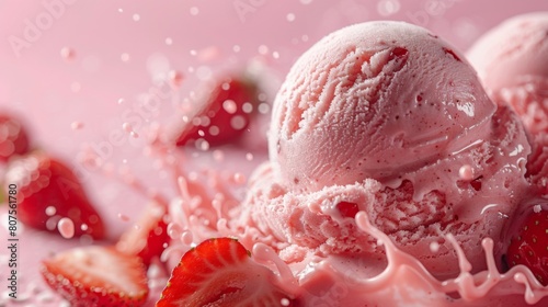 A scoop of strawberry ice cream, with pieces of real strawberry, melting on a pastel pink background