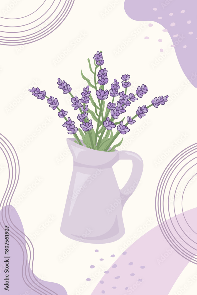 Obraz premium Trendy botanical wall art with lavender bouquet in a jug. Template concept for postcards, banner, social media design, invitations, covers, wall art. Vector illustration