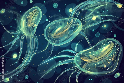 Cartoon cute doodles of microscopic rotifers filtering tiny particles from the water, their graceful movements and delicate structures, Generative AI