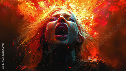 A blonde woman in the style of Marvel's X-Men, screaming with fiery eyes and hair ablaze as she is surrounded by flames and sparks. Created with AI