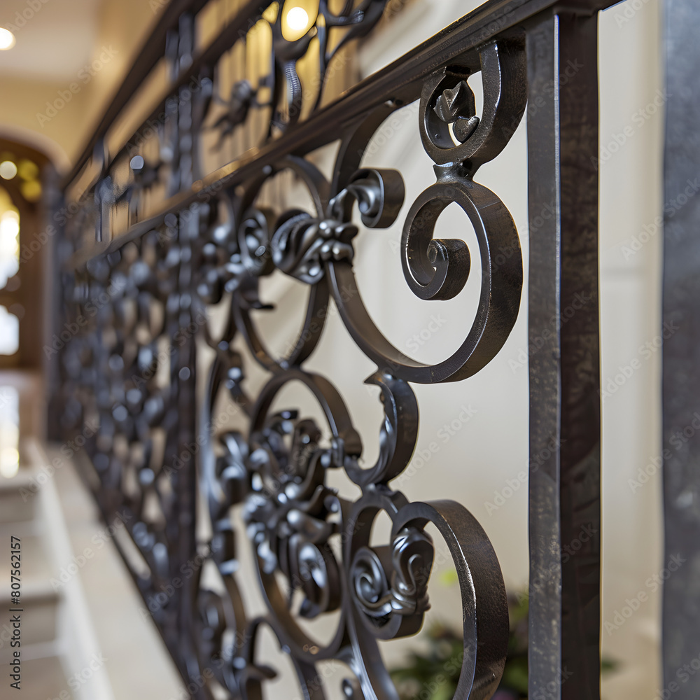 A black wrought iron railing with a floral design. The railing is on a staircase and is surrounded by a white wall A black wrought iron railing with a floral design. The railing is on a staircase and is surrounded by a white wall