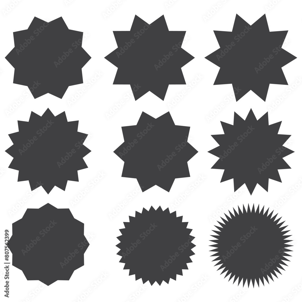 Sticker starburst shape, badge star, sale round vector icon, price circle, sun label, black tag isolated on white background. EPS 10. Sticker starburst shape, badge star, sale round vector icon, price circle, sun label, black tag isolated on white background. EPS 10.