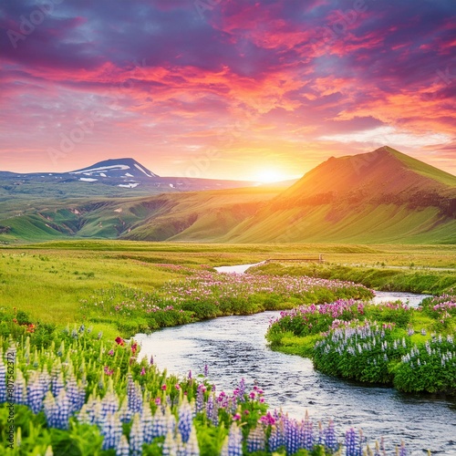 Wonderful nature landscape with small river in the icelandic highlands; colorful sunset on popular place photo