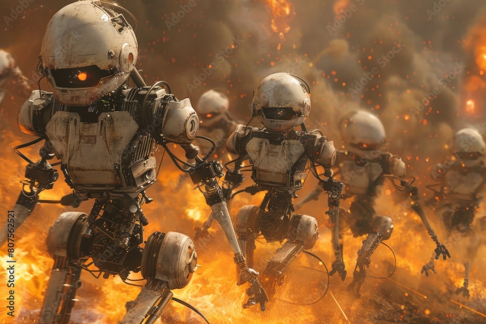 Fototapeta premium A battle against an army of machines controlled by a malevolent AI intent on exterminating humanity.
