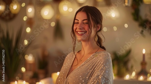 A smiling Caucasian woman receiving a gentle prenatal massage in a serene spa setting with soft, ambient lighting photo