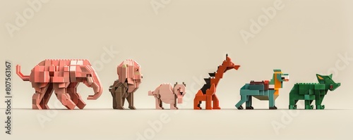 A group of animals made of blocks. The animals are an elephant  a dog  a giraffe  a zebra  a bear  and a pig.