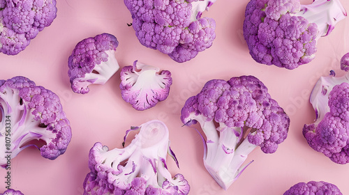 A spread of purple cauliflower pieces, both whole and halved, beautifully arrayed against a soft pastel pink backdrop. photo