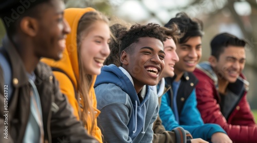 Close-up of a group of students of different ages and backgrounds sitting together on a bench, chatting and laughing during a break. 