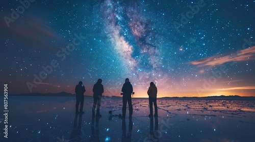 people standing in a vast salt flat under a starry night sky. photo