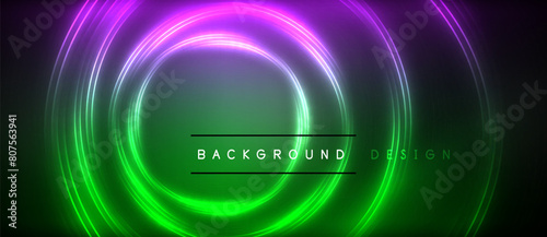Vibrant neon circles in shades of purple and magenta illuminate a dark background, creating a captivating visual effect. The lighting technology used enhances the colorfulness of the art