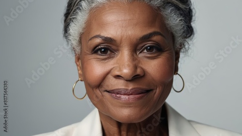 Beautiful gorgeous mid aged mature African American black woman looking at camera isolated on white close up portrait. Healthy face skin care beauty, skincare cosmetics, cosmetology concept