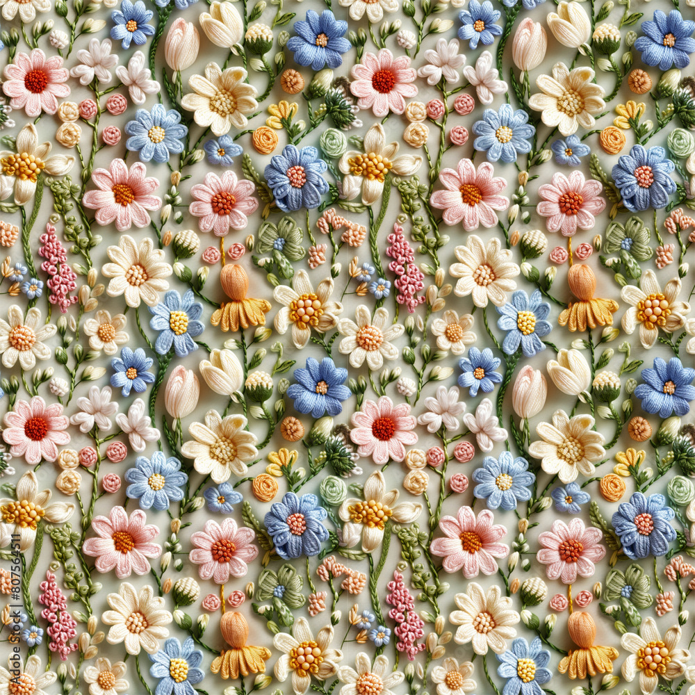 Floral embroidery from knitting wool, yarn, seamless pattern.