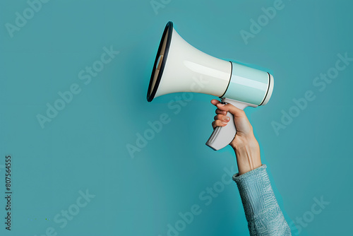 Cropped Hand Of Woman Holding Megaphone, isolated in blue background