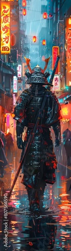 Cybernetic Samurai, Metallic Armor, Ancient warrior with technological upgrades, Roaming neon-lit cityscape at night, Digital rain, 3D Render, Backlights, Chromatic Aberration