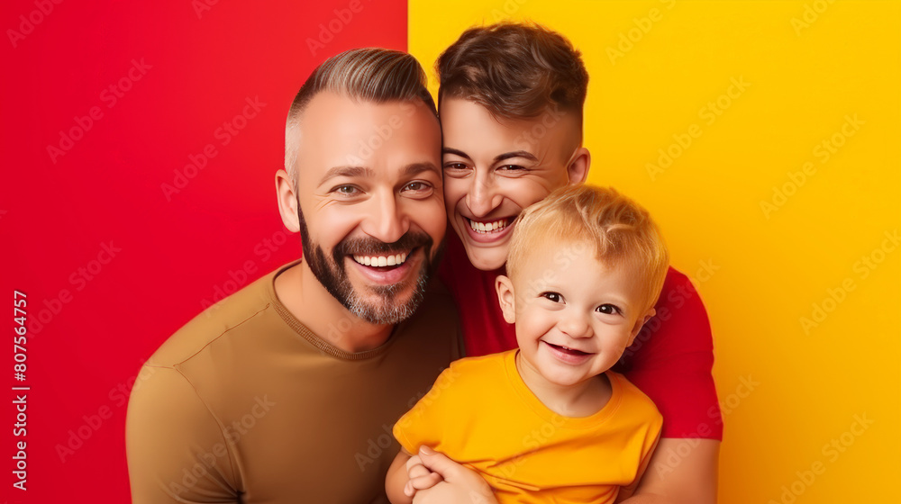 A Studio shot Portrait of happy gays couple with their son, yellow and red  background , Pride month, Family
