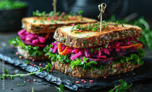 A photo of two vegan sandwiches with beets, whole grain bread and fresh vegetables on the table. Created with AI