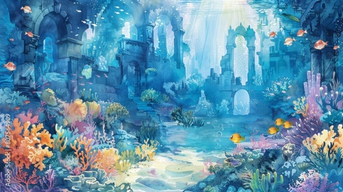 underwater utopian cityscape featuring a vibrant orange fish and a vibrant yellow flower