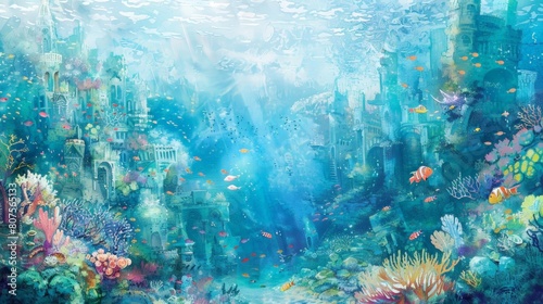 underwater utopia painting featuring a variety of colorful fish swimming in a vibrant blue underwater world  with a building in the background