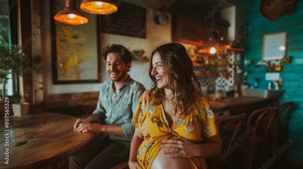 An uplifting image of a Caucasian pregnant woman laughing with her partner during a prenatal workshop, promoting emotional well-being An uplifting image of a Caucasian pregnant woman laughing with her partner during a prenatal workshop, promoting emotional well-being
