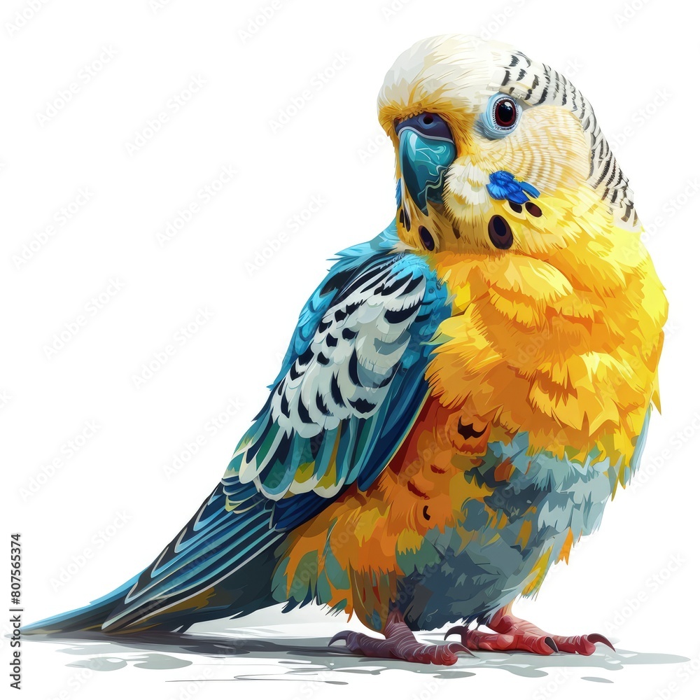 Obraz premium A curious pet parakeet with vibrant feathers and a perching spot isolated on white background 