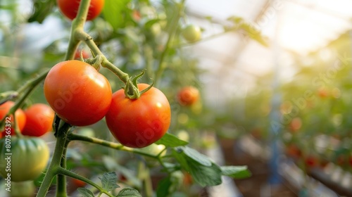 Red tomatoes grow in greenhouses, with lots of organic vegetables growing on the branches.