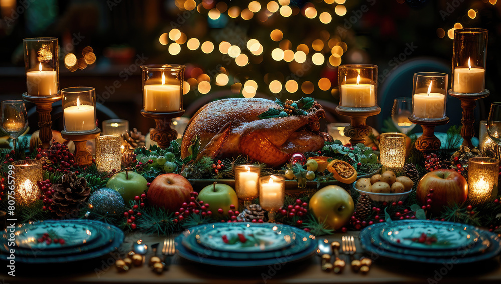 A beautifully set Christmas dinner table with a large roasting chicken. Created with Ai