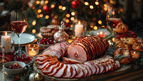 A beautifully set Christmas dinner table with a variety of traditional dishes, candles and a plate filled with sliced ham. Created with Ai