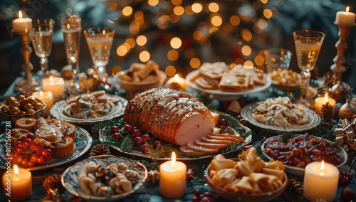 A beautifully set Christmas dinner table with an array of traditional dishes  slices of ham on platter. Created with Ai