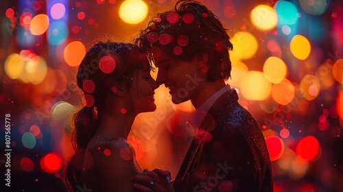 A young couple dancing amidst colorful lights