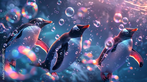 A pod of penguins is swimming photo