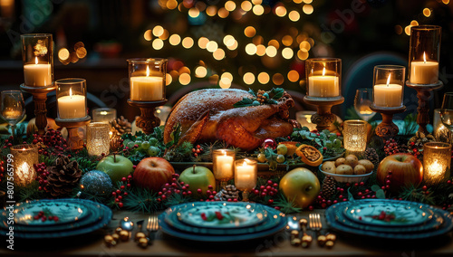 A beautifully set Christmas dinner table with a large roasting chicken. Created with Ai