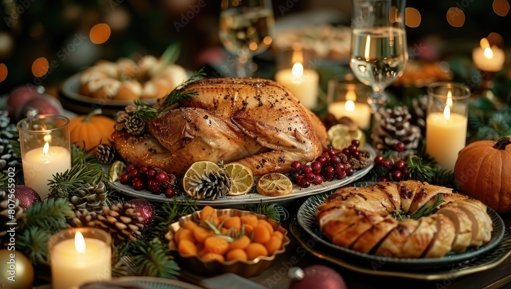 A beautifully decorated Christmas dinner table with an elegant feast of festive dishes. Created with Ai