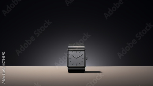 A watch is sitting on a table in front of a dark background