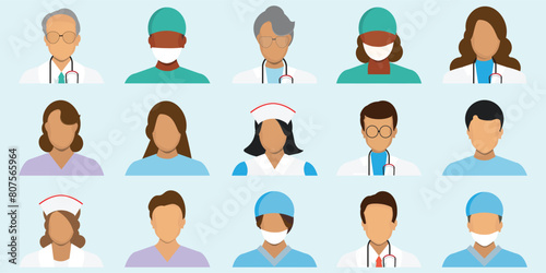 Set of doctors, nurses and paramedics isolated on background.