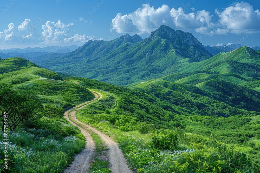 A breathtaking aerial view of the green mountains in Japan. Created with AI