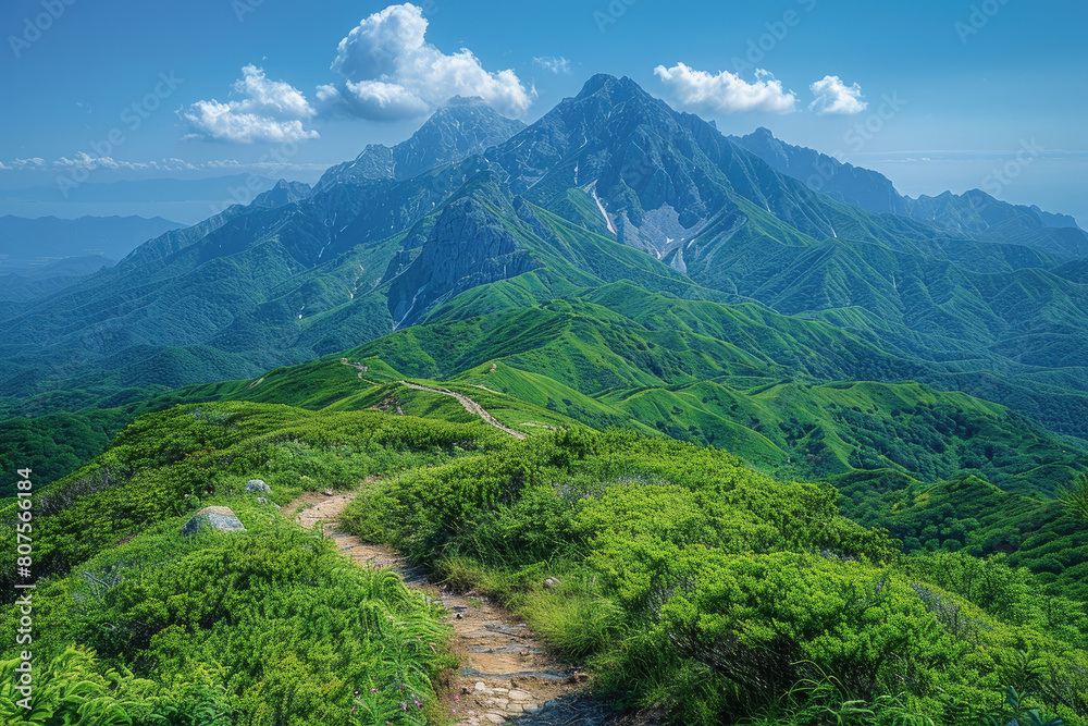 A panoramic view of the Mount Chcons in Japan, showcasing its lush greenery and majestic peaks under clear blue skies. Created with Ai