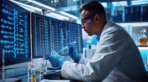 Biotechnology lab technician analyzing DNA sequences on a computer screen for genetic sequencing and analysis