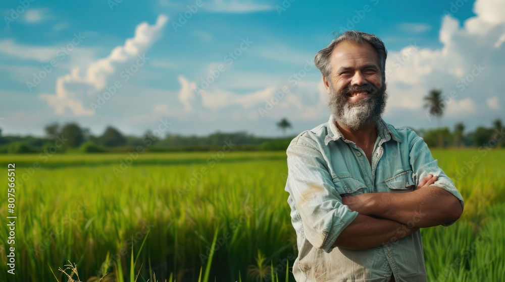 Smiling Bearded Farmer Stands Proudly in Green Paddy Field, Under Sunny Blue Sky, Arms Crossed Smiling Bearded Farmer Stands Proudly in Green Paddy Field, Under Sunny Blue Sky, Arms Crossed