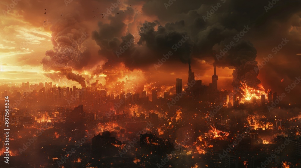 A city skyline in flames, smoke billowing into a stormy sky, depicting urban conflict and destruction A city skyline in flames, smoke billowing into a stormy sky, depicting urban conflict and destruction