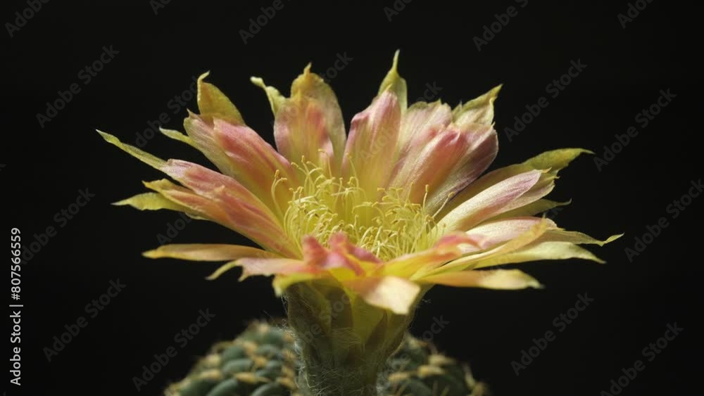 Time lapse video of cactus flower plant, in the style of black background. Time lapse video of cactus flower plant, in the style of black background.