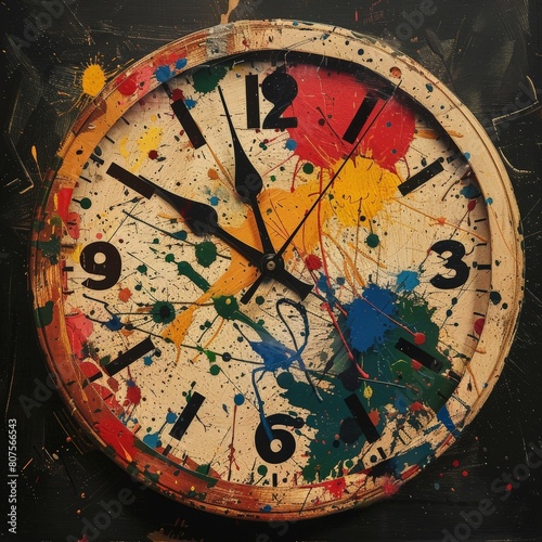 A clock face where the numbers are replaced with paint splatters and scribbles  representing the timelessness of creative expression