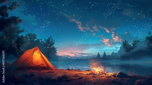 Camping Tent, A small tent pitched in a serene location with a campfire nearby, under a starry summer night sky.