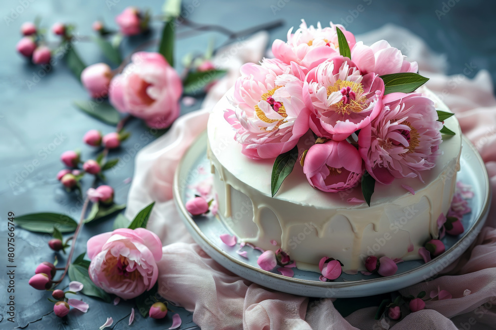 White Wedding Cake With Pink Peony Decor