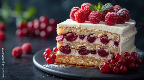 Delicious Cake With White Frosting and Raspberries