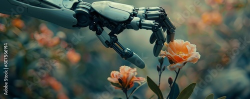 A closeup shot of a robotic arm with a single finger gently touching a delicate flower