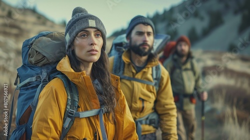 Cause and Origin, A diverse group of three adults, wearing professional hiking gear, begins their journey at the base of a picturesque mountain early in the morning.